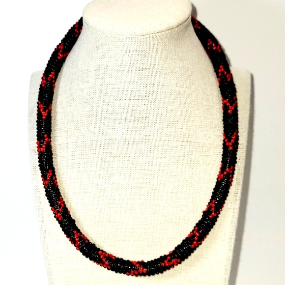 Seed Bead Rope Collar Necklace, Black with Red Zig Zag Motif - Picture 1 of 5